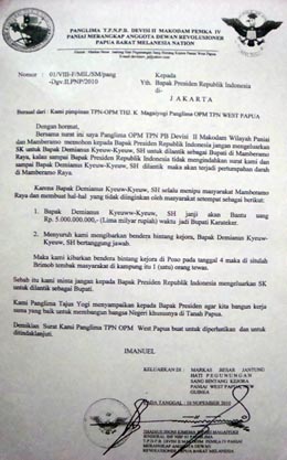 Copyan Surat Panglima TPN OPM Pemka IV Paniai Mamberamo (Jenderal) Thadius Magaiyogi